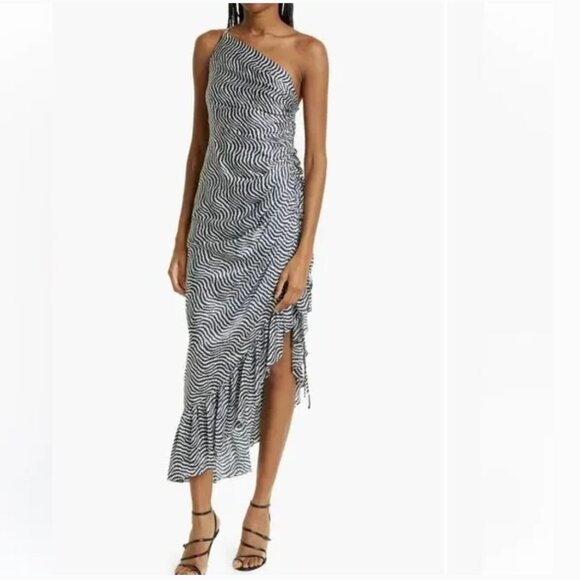 Cinq a Sept Christel One Shoulder Asymmetrical Ruffle Hem Silk Midi Dress Size 2 - Picture 6 of 12